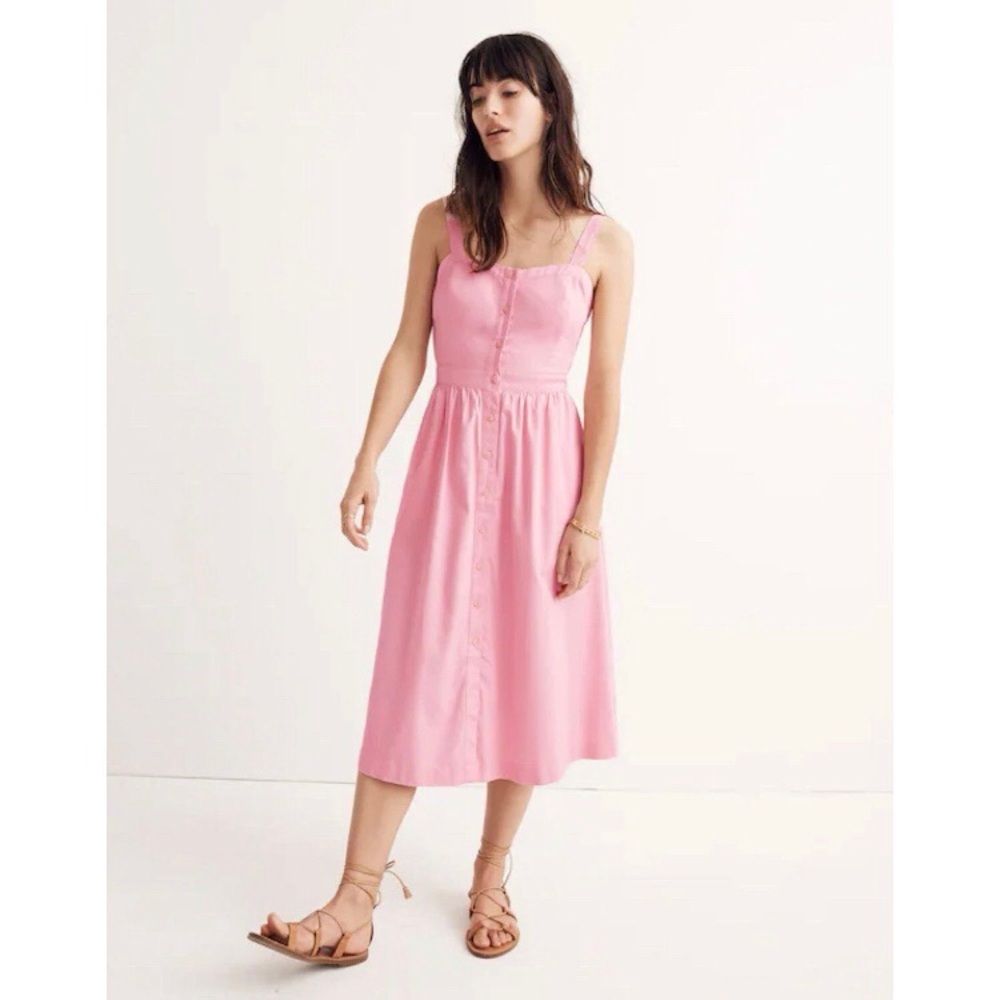 $138 Madewell Pink Cotton Poplin Open Back Bow Sleeveless Midi Dress Size 4